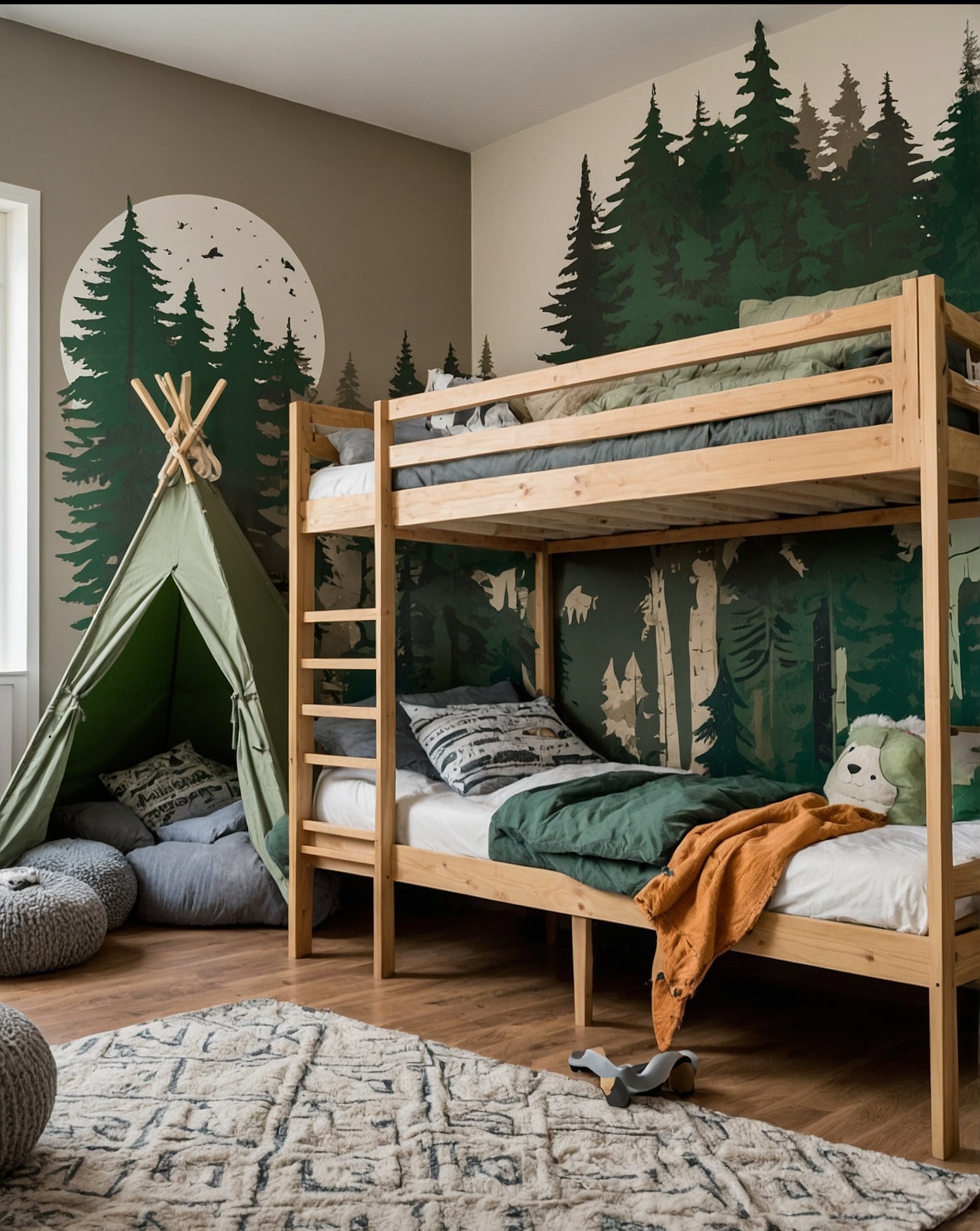 Pokój dziecięcy z łóżkiem piętrowym i tipi, ściany zdobione motywem leśnym, dywan z geometrycznym wzorem, drewniana podłoga. Przytulne i kreatywne wnętrze.