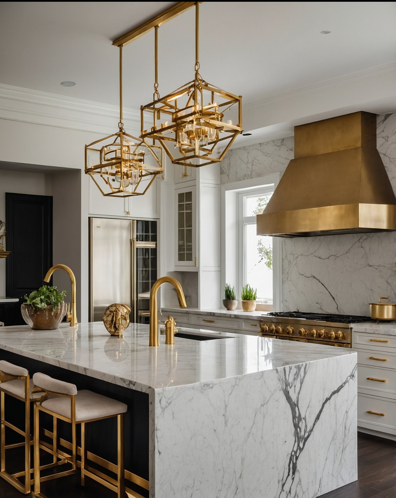 Ekskluzywna kuchnia z wyspą z białego marmuru, złotymi akcentami: lampy, armatura, okap. Nowoczesny design z roślinami doniczkowymi i krzesłami barowymi.