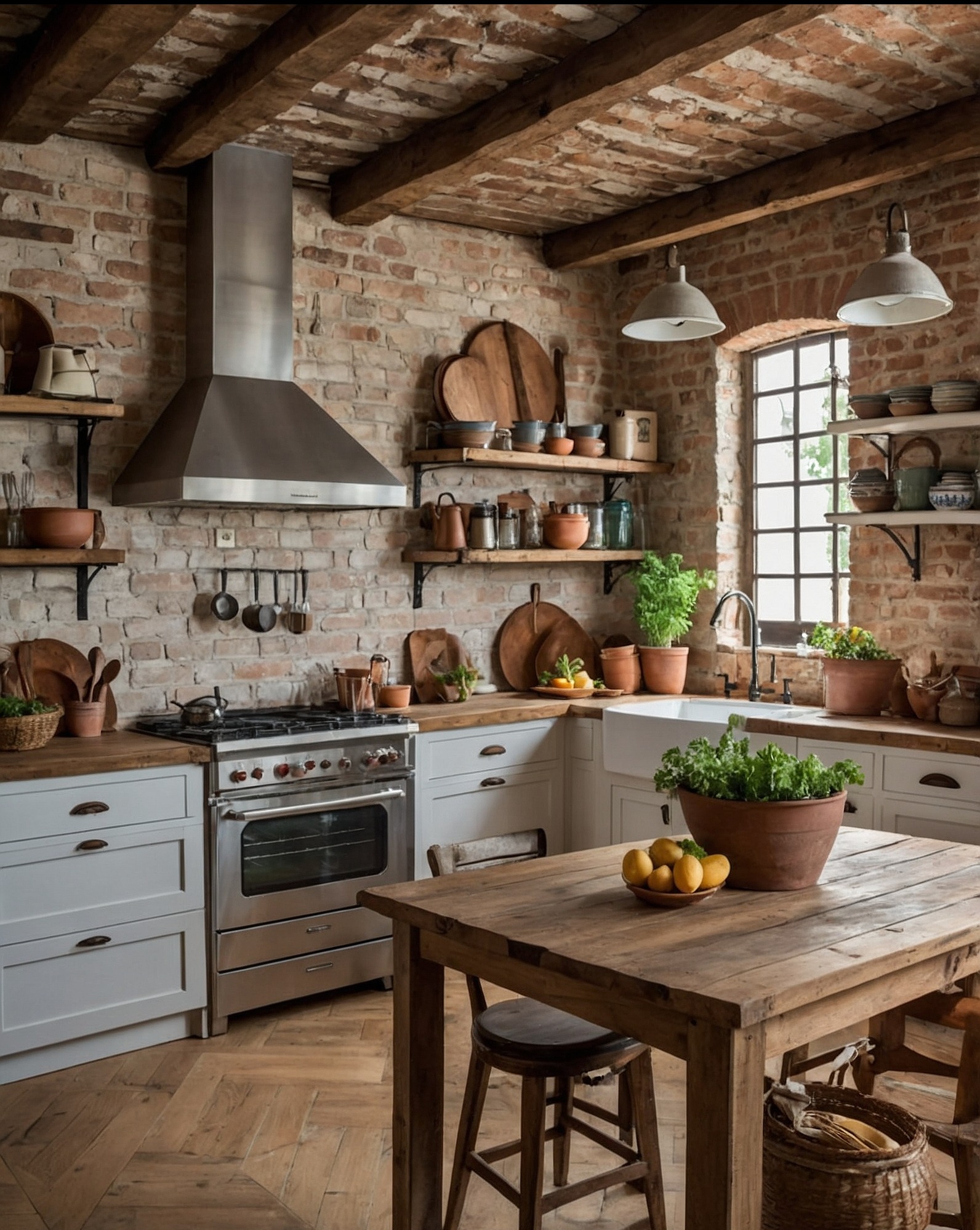 Rustykalna kuchnia z ceglanymi ścianami, drewnianym stołem i podłogą w jodełkę. Na blacie cytryny i zioła w donicy. Klimatyczne oświetlenie i drewniane półki.