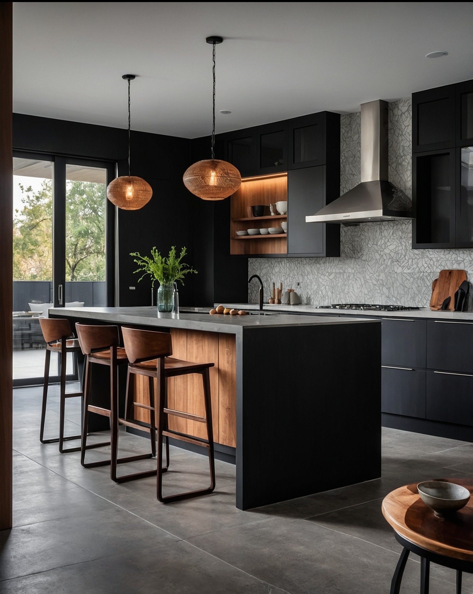 Nowoczesna kuchnia z wyspą o drewnianym wykończeniu i czarnymi szafkami. Nad wyspą wiszą dwie plecione lampy. Minimalistyczny design z roślinami w wazonie.