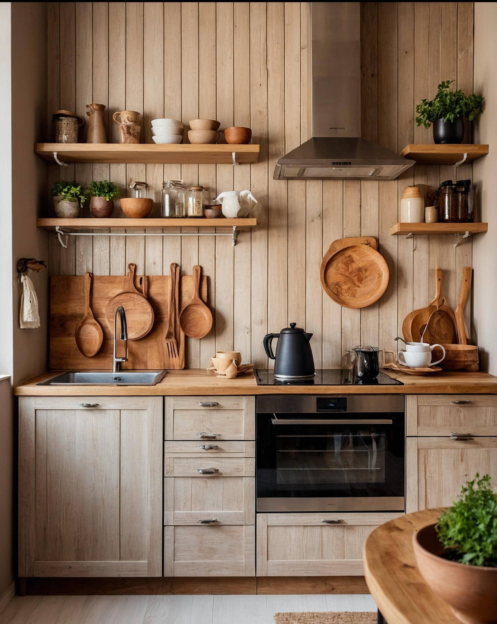 Jasna kuchnia w stylu rustykalnym: drewniane panele, półki z naczyniami, czajnik na płycie, zlew z drewnianą deską do krojenia, naturalne światło.