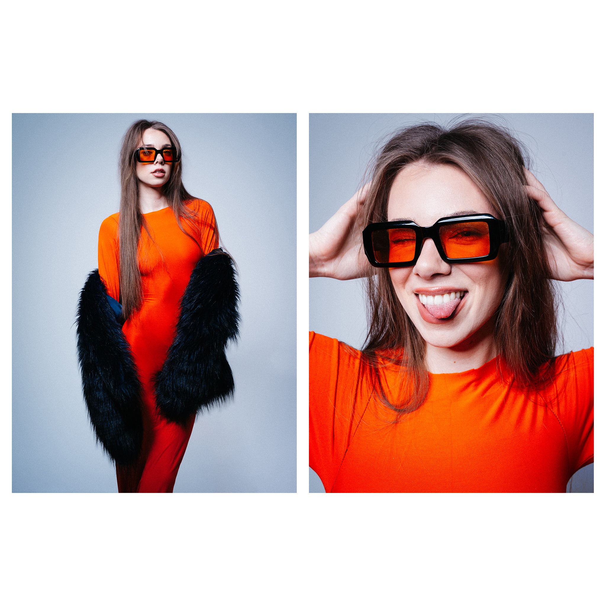 Dwa ujęcia modelki w pomarańczowej sukience i czarnych okularach: pełna sylwetka z futrem i zbliżenie twarzy z wyciągniętym językiem. Sesja w studiu na jasnym tle.
