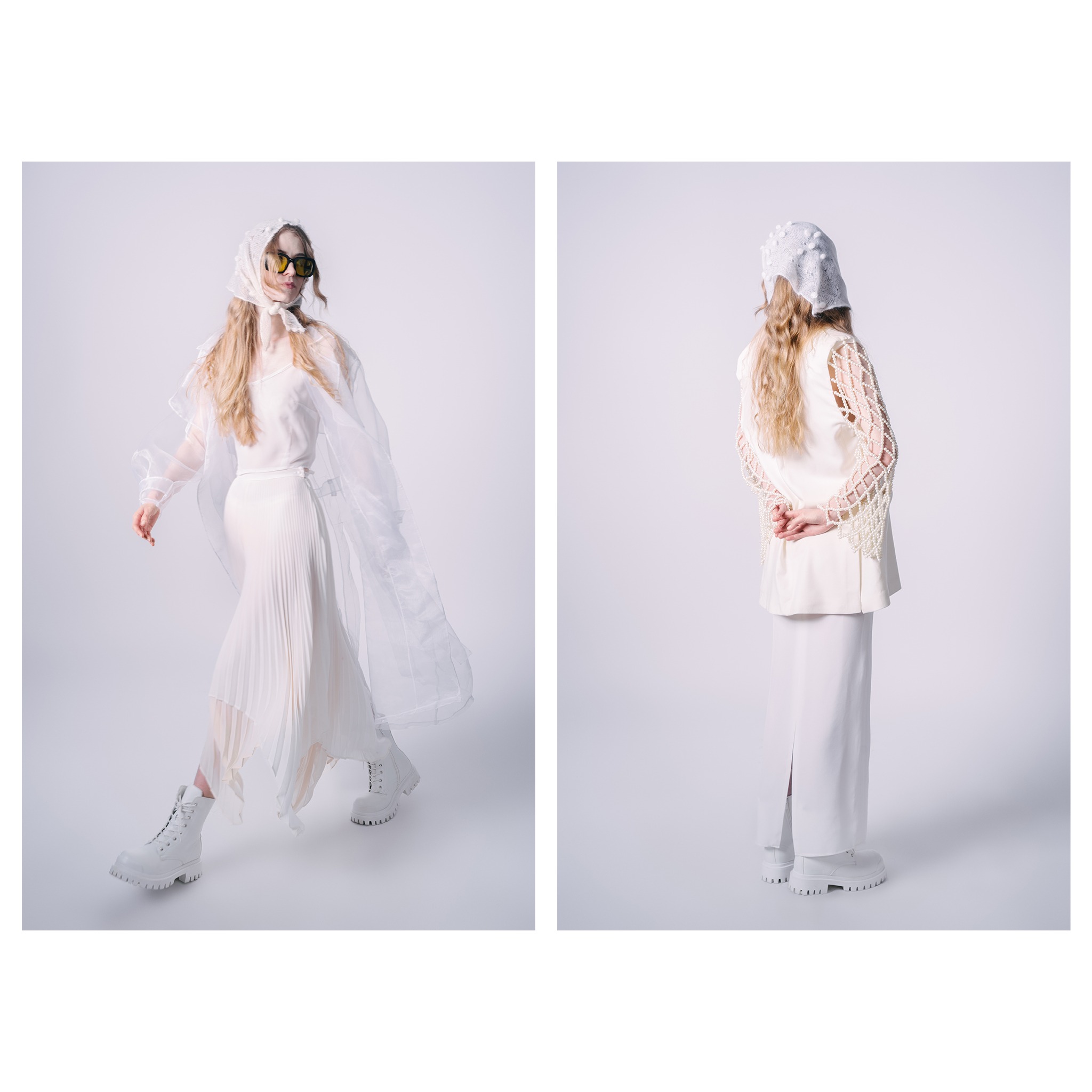 Dwa ujęcia modelki w białej stylizacji: z przodu w ruchu, z tyłu statycznie. Nietypowe nakrycie głowy i okulary dodają charakteru. Minimalistyczne tło podkreśla kreację.