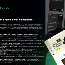 Projekt strony internetowej Premium z pakietu Hyperbay Web Studio. Wizualizacja interfejsu na urządzeniach mobilnych i desktop. Nowoczesny design z architekturą treści.