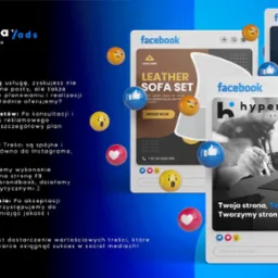 Prezentacja oferty agencji: wizualizacje postów Facebook z emotikonami, laptop i tekst o usłudze. Grafika reklamowa firmy hyperbayads.