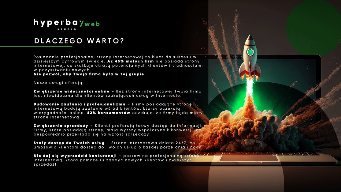 Laptop z grafiką rakiety startującej w kosmos, symbolizującą rozwój firmy dzięki stronie internetowej. Tekst o korzyściach z posiadania strony.