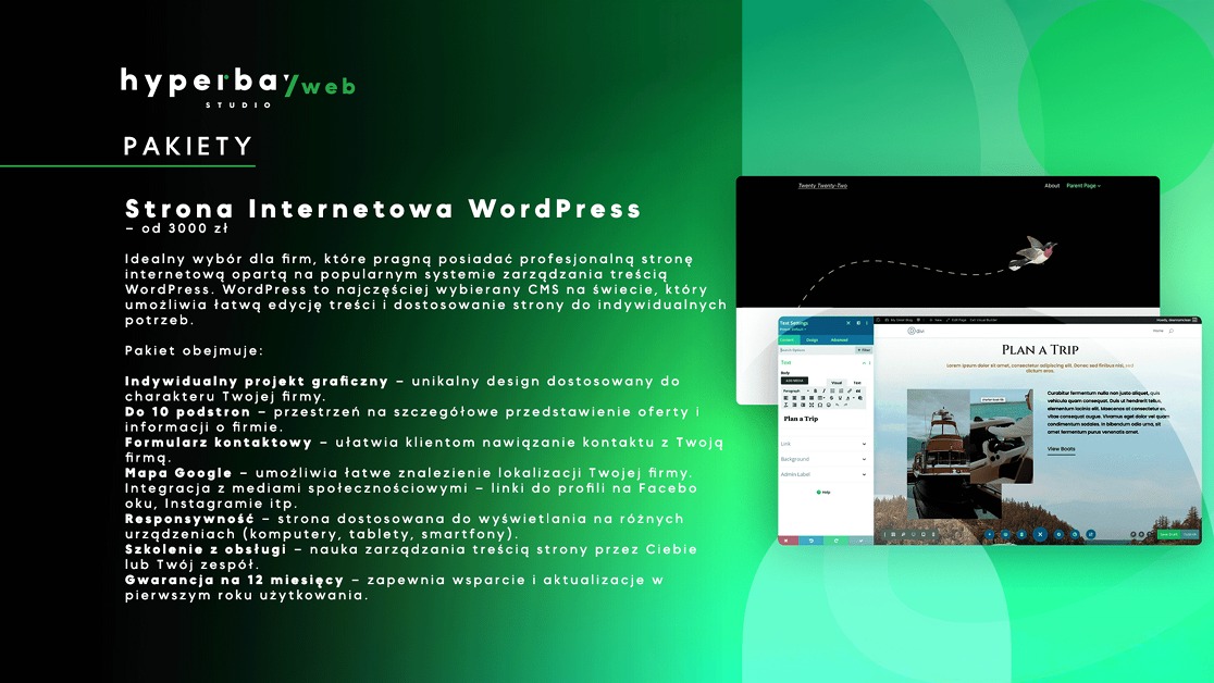 Oferta pakietu strony internetowej WordPress: indywidualny projekt graficzny, responsywność, szkolenie z obsługi. Widok edytora CMS i podgląd strony WWW z motywem podróżniczym.