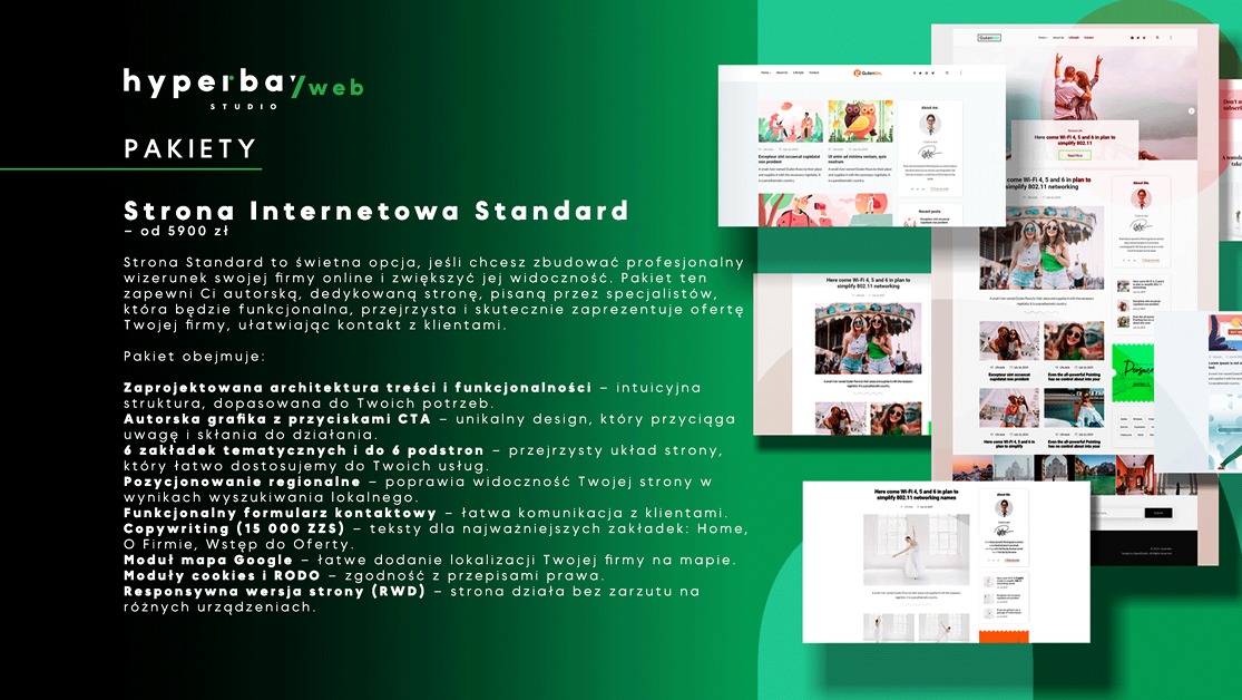 Oferta 'Strona Internetowa Standard' od Hyperbay Web Studio: opis pakietu i przykładowe realizacje stron internetowych w nowoczesnym stylu.