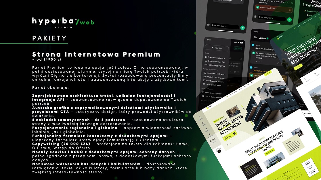 Projekt strony internetowej Premium z pakietu Hyperbay Web Studio. Wizualizacja interfejsu na urządzeniach mobilnych i desktop. Nowoczesny design z architekturą treści.
