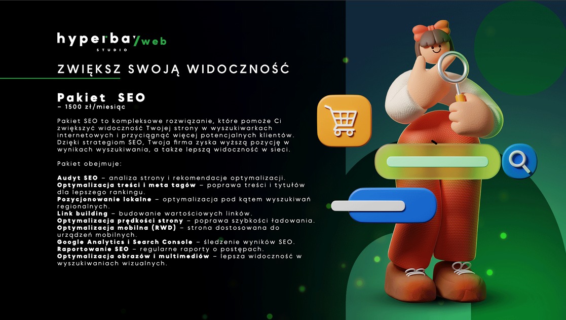 Animowana postać z lupą prezentuje pakiet SEO: audyt, optymalizację treści, link building, RWD i raportowanie. Grafika z ikoną koszyka i wyszukiwarki.