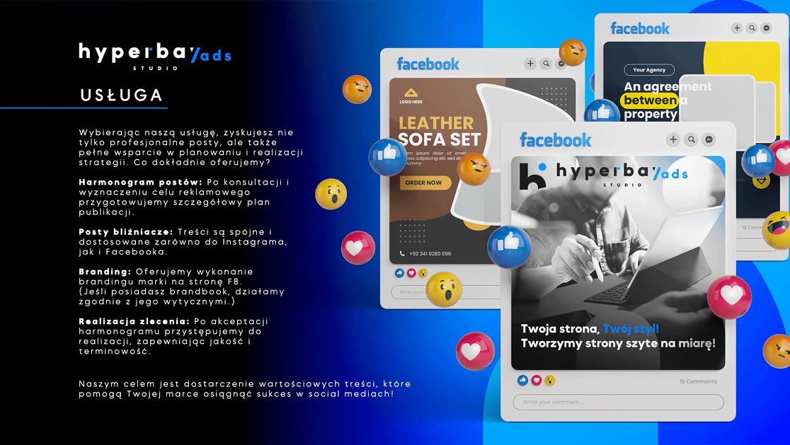 Prezentacja oferty agencji: wizualizacje postów Facebook z emotikonami, laptop i tekst o usłudze. Grafika reklamowa firmy hyperbayads.
