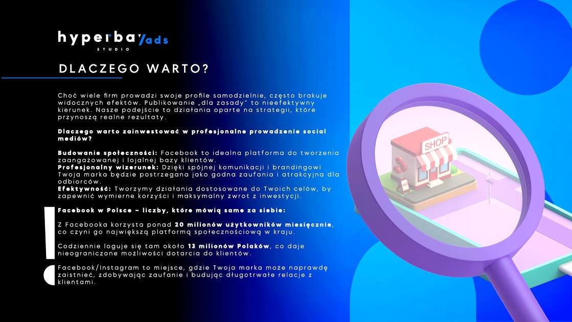 Grafika z tekstem o korzyściach z prowadzenia social mediów, z lupą powiększającą model 3D sklepu, symbolizującą skupienie na detalu i strategiczne podejście.