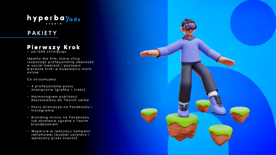 Oferta agencji reklamowej: pakiet 'Pierwszy Krok' z 3D postacią w VR goglach, symbolizującą wejście w świat mediów społecznościowych i budowanie marki online.