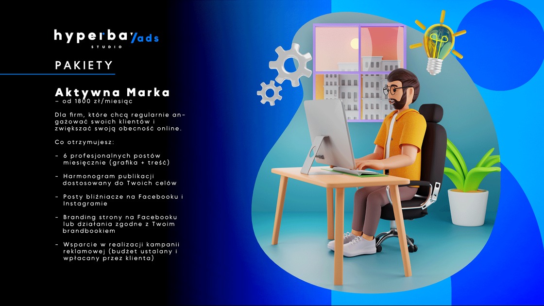 Animowana postać przy biurku, używająca komputera. Grafika reklamowa z ofertą pakietów dla firm, które chcą zwiększyć obecność online. Elementy graficzne: żarówka, koła zębate.