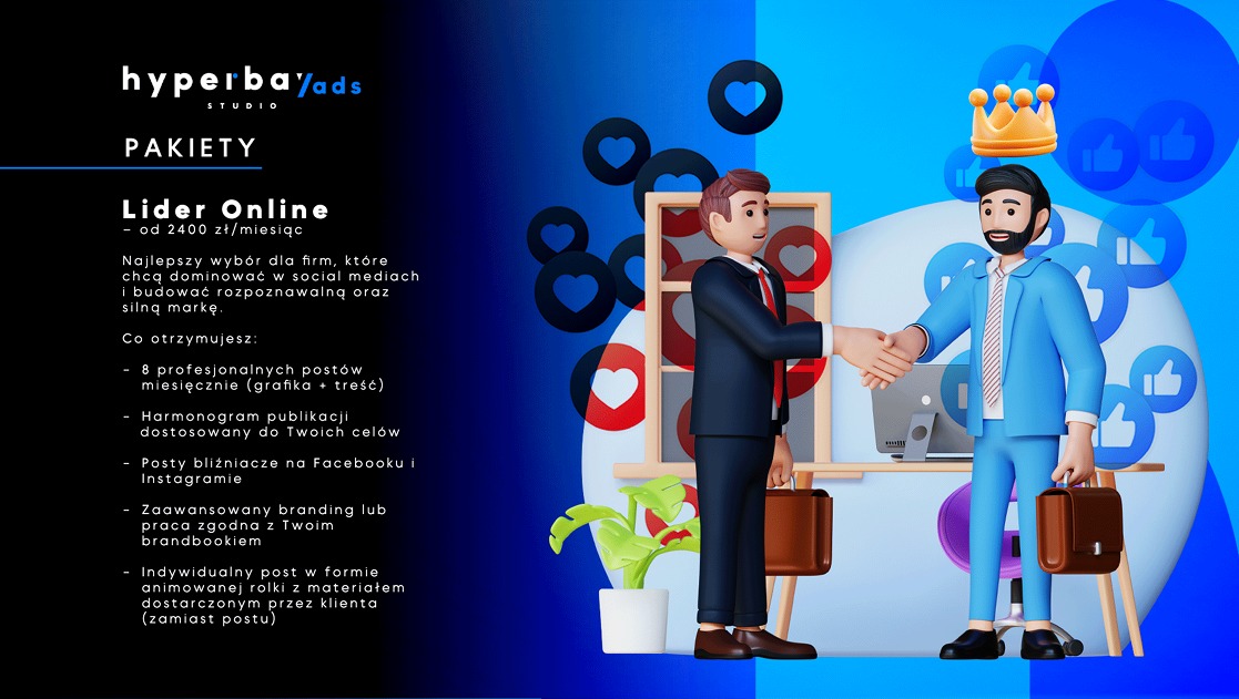Animowana grafika 3D prezentująca ofertę pakietu 'Lider Online' z dwoma postaciami w garniturach ściskającymi dłonie na tle ikonek social mediów.