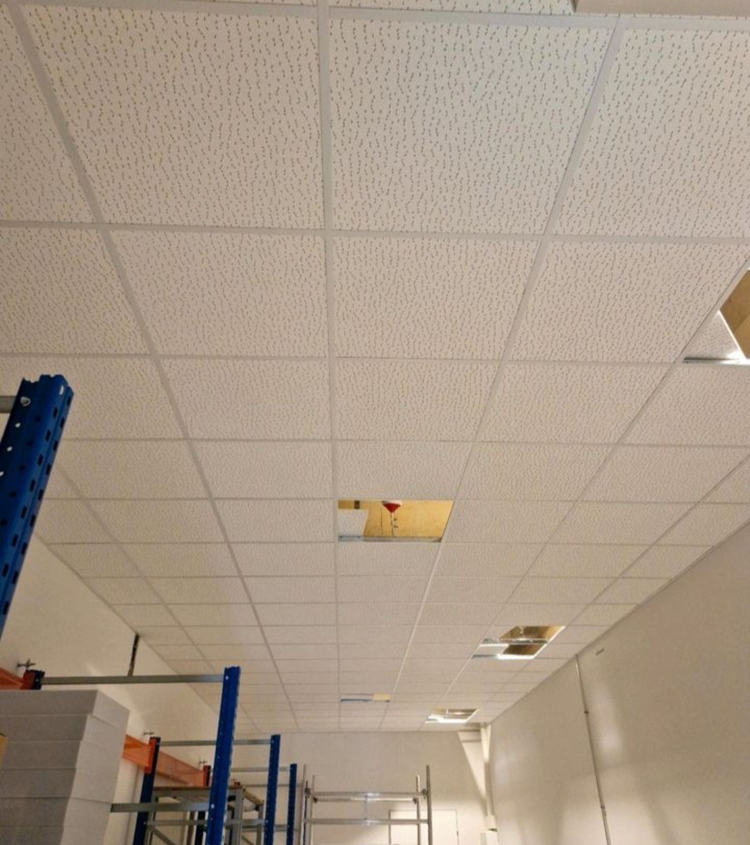 Biały sufit kasetonowy z widocznymi otworami inspekcyjnymi i fragmentami instalacji. W tle regały magazynowe.