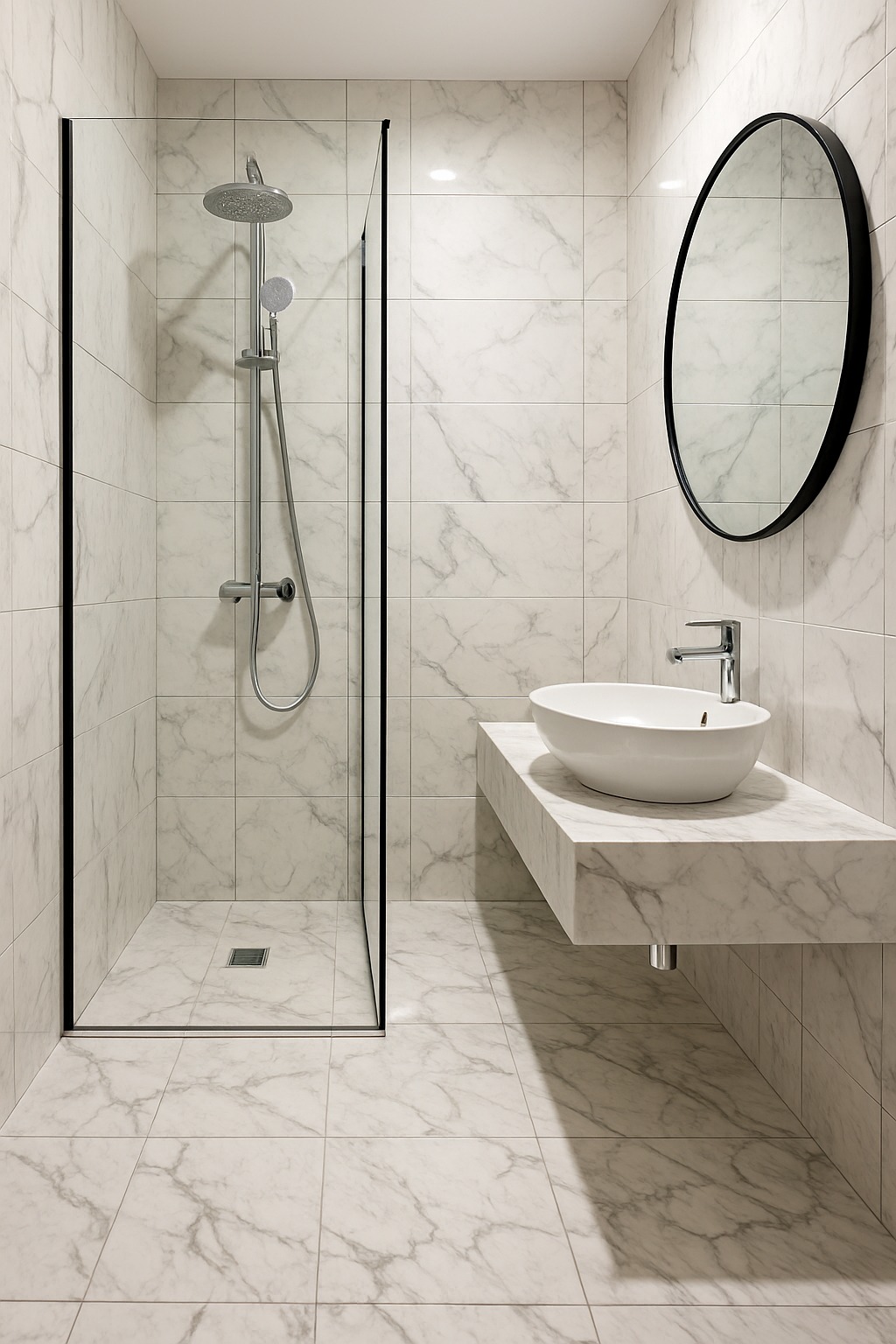Nowoczesna łazienka z kabiną typu walk-in, białą umywalką na marmurowym blacie i okrągłym lustrem w czarnej ramie. Całość wykończona płytkami imitującymi marmur.