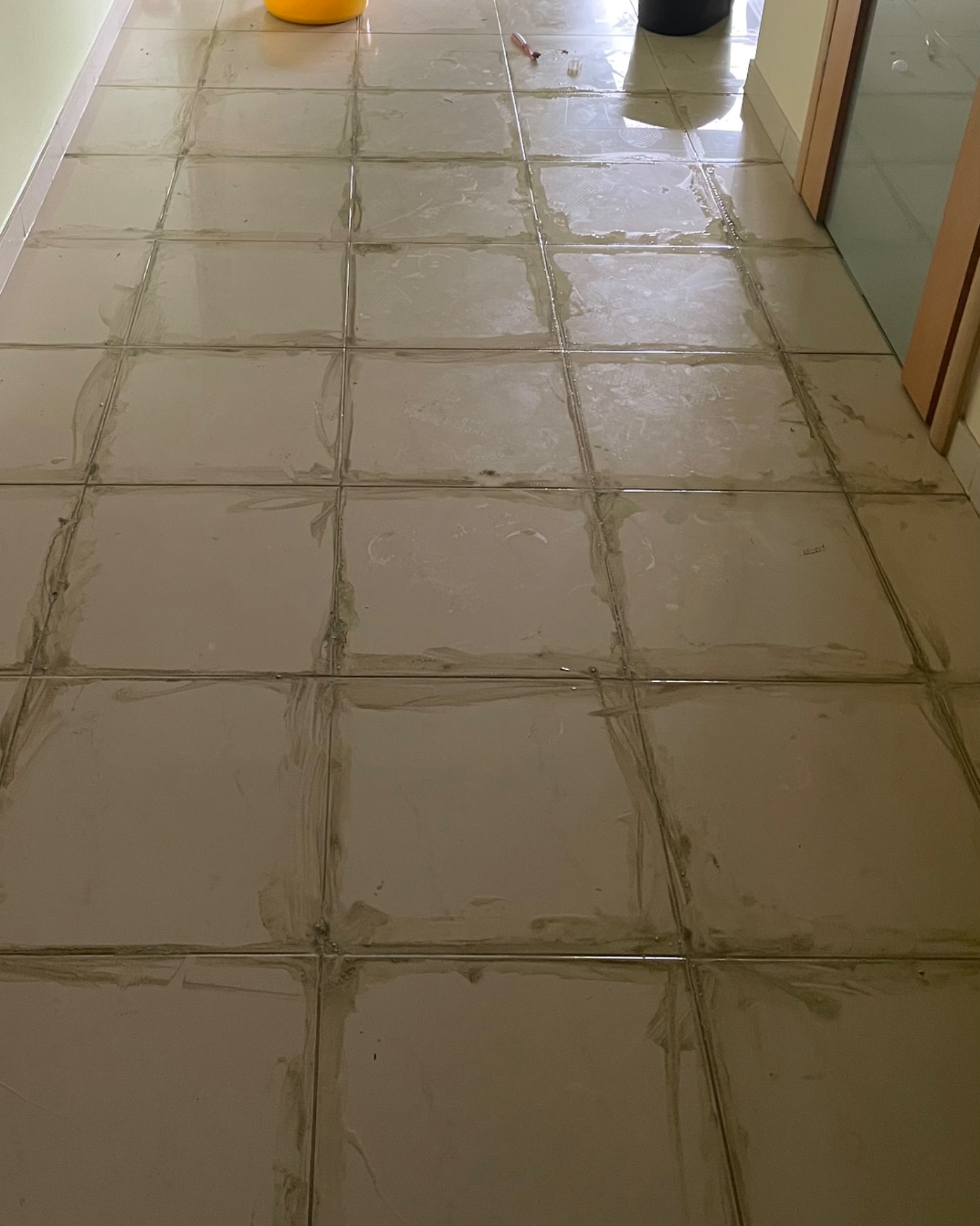 Mokra, świeżo umyta podłoga z płytek w korytarzu. Widoczne resztki wody i środka czyszczącego w fugach. W tle wiadro i otwarte drzwi.