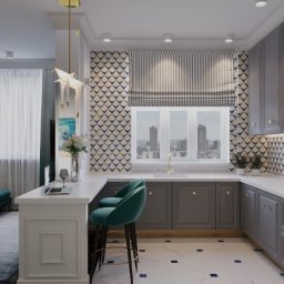 Michał Tkaczyk - Elegancka kuchnia z barkiem i turkusowymi hokerami na tle panoramy miasta. Geometryczny wzór na ścianie i roleta w paski nadają wnętrzu nowoczesny charakter.
