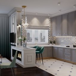 Michał Tkaczyk - Elegancka kuchnia z wyspą i kominkiem. Szare szafki, mozaika na ścianie, turkusowe krzesła barowe. Widok na miasto przez okno, nowoczesne oświetlenie.
