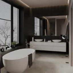 Nowoczesna łazienka z owalną wanną, umywalkami na białej szafce i dużym oknem z widokiem na drzewo. Ciemne ściany i podłoga z szarego kamienia.