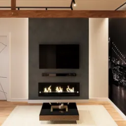 Nowoczesny salon z biokominkiem, telewizorem i fototapetą z panoramą Nowego Jorku. Drewniane belki stropowe dodają ciepła minimalistycznemu wnętrzu.