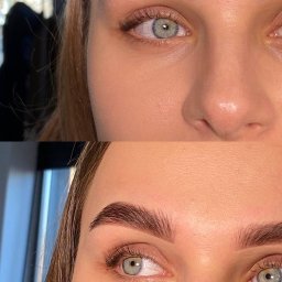 Makeup.Brows - Zdjęcie typu 'przed i po' prezentujące brwi po zabiegu laminacji i regulacji. Widoczne subtelne podkreślenie łuku brwiowego i naturalny efekt.