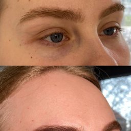 Makeup.Brows - Zdjęcie 'przed i po' prezentujące brwi po zabiegu koloryzacji i regulacji. Widoczne różnice w kształcie i odcieniu brwi, podkreślone naturalne piękno.
