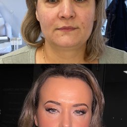 Makeup.Brows - Portret kobiety przed i po makijażu. Widoczne zmiany w cerze, brwiach i oczach. Oświetlenie podkreśla różnicę w wyglądzie.