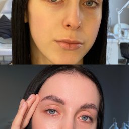 Makeup.Brows - Zdjęcie 'przed i po' prezentujące metamorfozę brwi młodej kobiety o jasnej karnacji i niebieskich oczach. Widoczna różnica w kształcie i gęstości brwi.