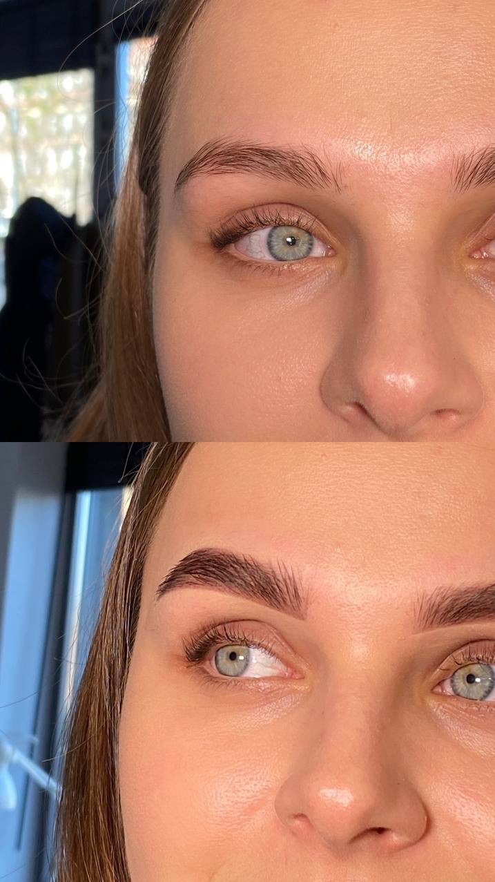 Zdjęcie typu 'przed i po' prezentujące brwi po zabiegu laminacji i regulacji. Widoczne subtelne podkreślenie łuku brwiowego i naturalny efekt.