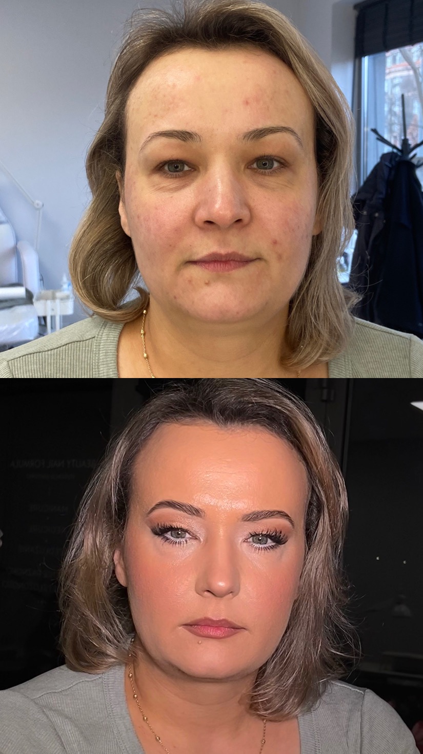 Portret kobiety przed i po makijażu. Widoczne zmiany w cerze, brwiach i oczach. Oświetlenie podkreśla różnicę w wyglądzie.