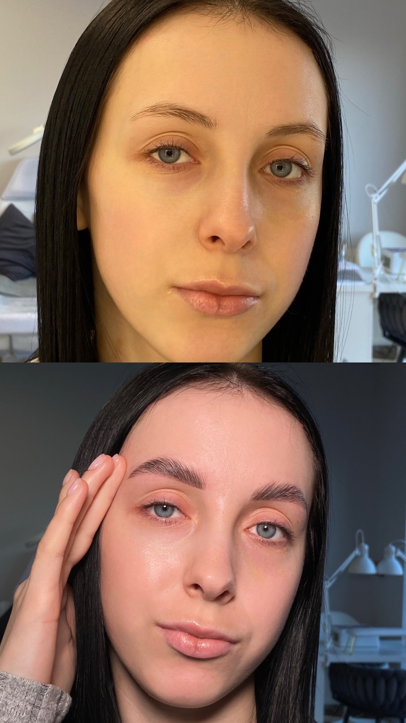Zdjęcie 'przed i po' prezentujące metamorfozę brwi młodej kobiety o jasnej karnacji i niebieskich oczach. Widoczna różnica w kształcie i gęstości brwi.