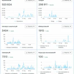 Panel analityczny z wykresami: wyświetlenia 920 824, zasięg 298 911, interakcje 3404, kliknięcia 1915, odwiedziny 7313, obserwujący 100. Dane z Facebooka.