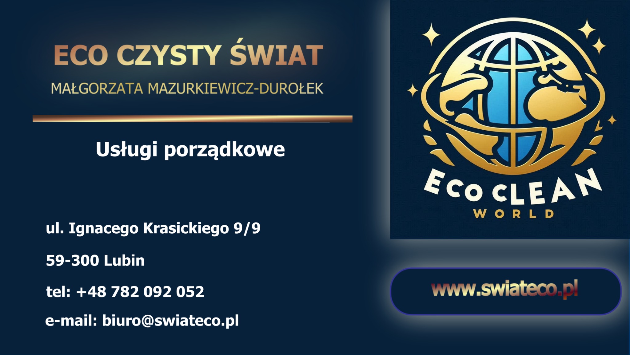 Grafika firmy Eco Czysty Świat z Lubina oferującej usługi porządkowe. Widoczne logo z globusem i hasło Eco Clean World oraz dane kontaktowe firmy.