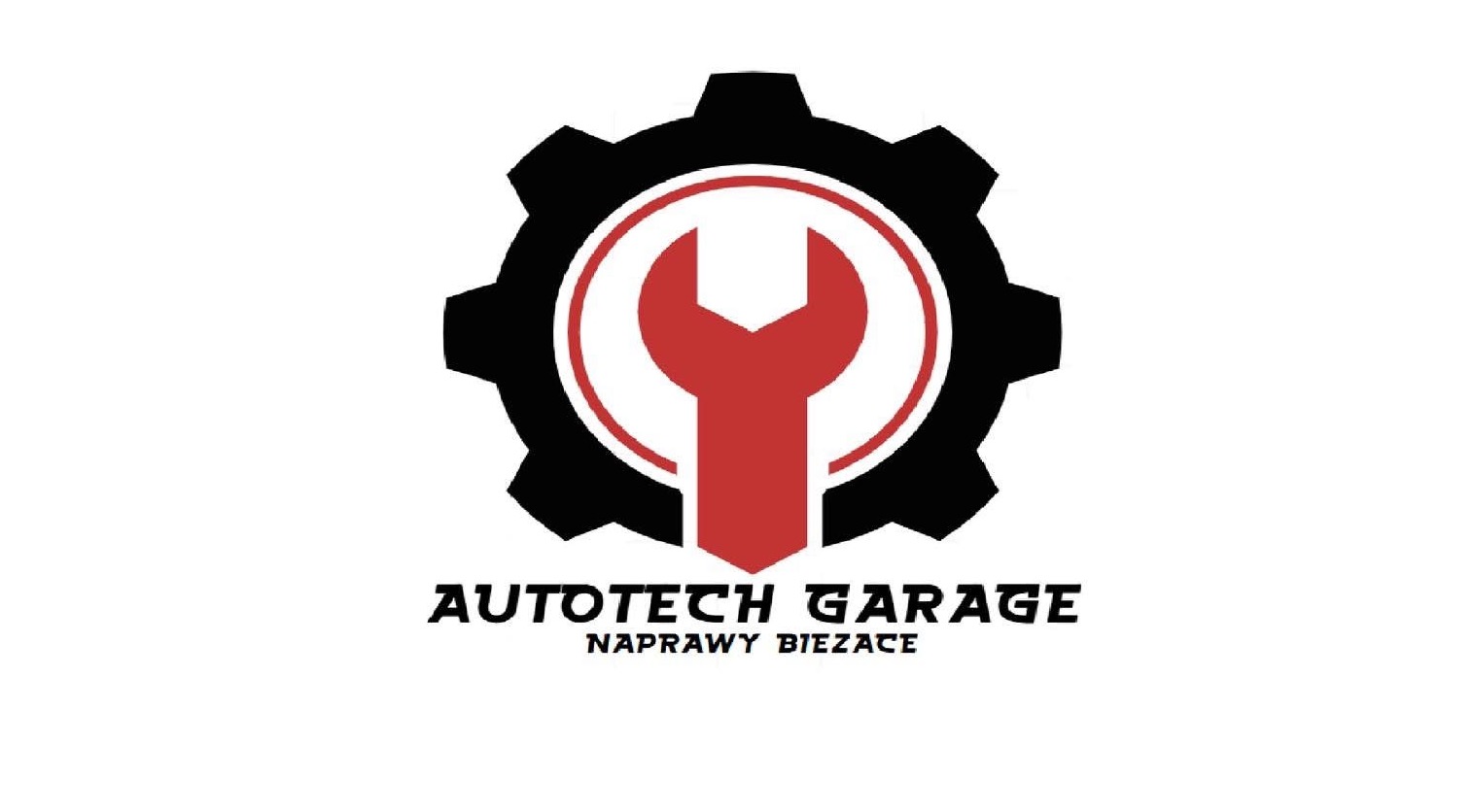 Logo Autotech Garage: czarna zębatka, czerwony klucz w okręgu, napis 'AUTOTECH GARAGE' i 'NAPRAWY BIEŻĄCE' na białym tle. Minimalistyczny design.