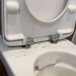 Przytulny dom - Z bliska: mocno zabrudniona toaleta marki Kolo z otwartą klapą i widocznymi śladami użytkowania. Zaniedbana ceramika sanitarna.