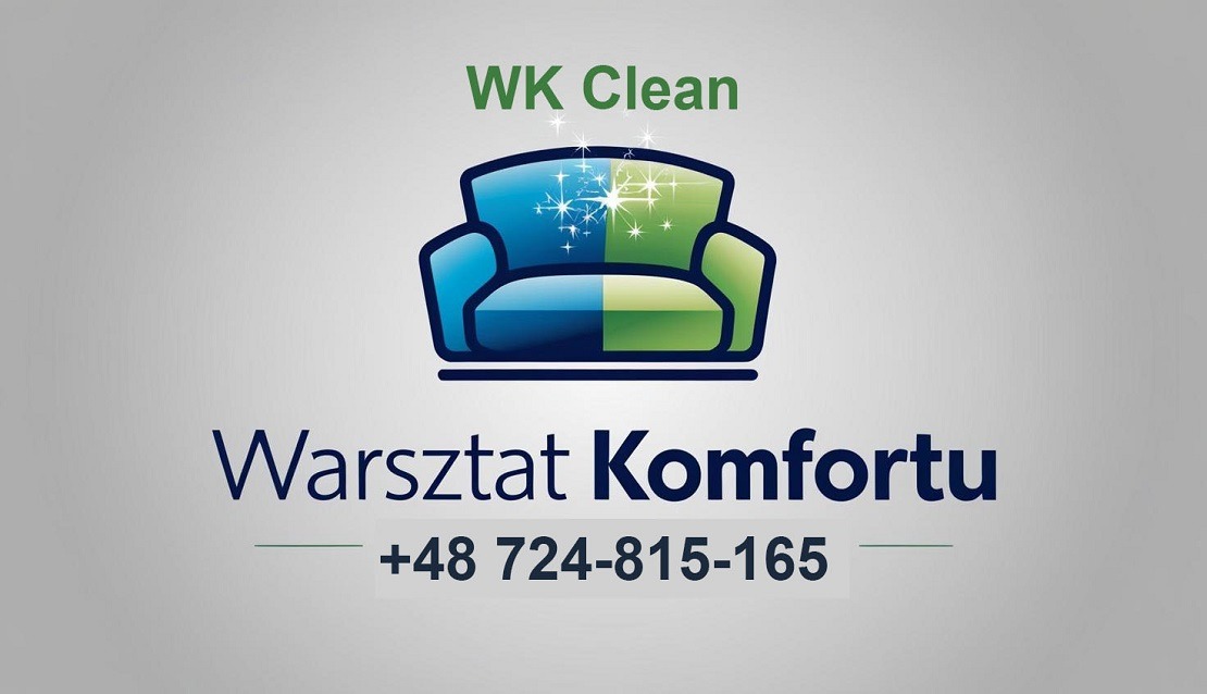 Grafika z logo WK Clean i nazwą Warsztat Komfortu oraz numerem telefonu na szarym tle. Logo przedstawia niebiesko-zielony fotel z błyszczącymi elementami.