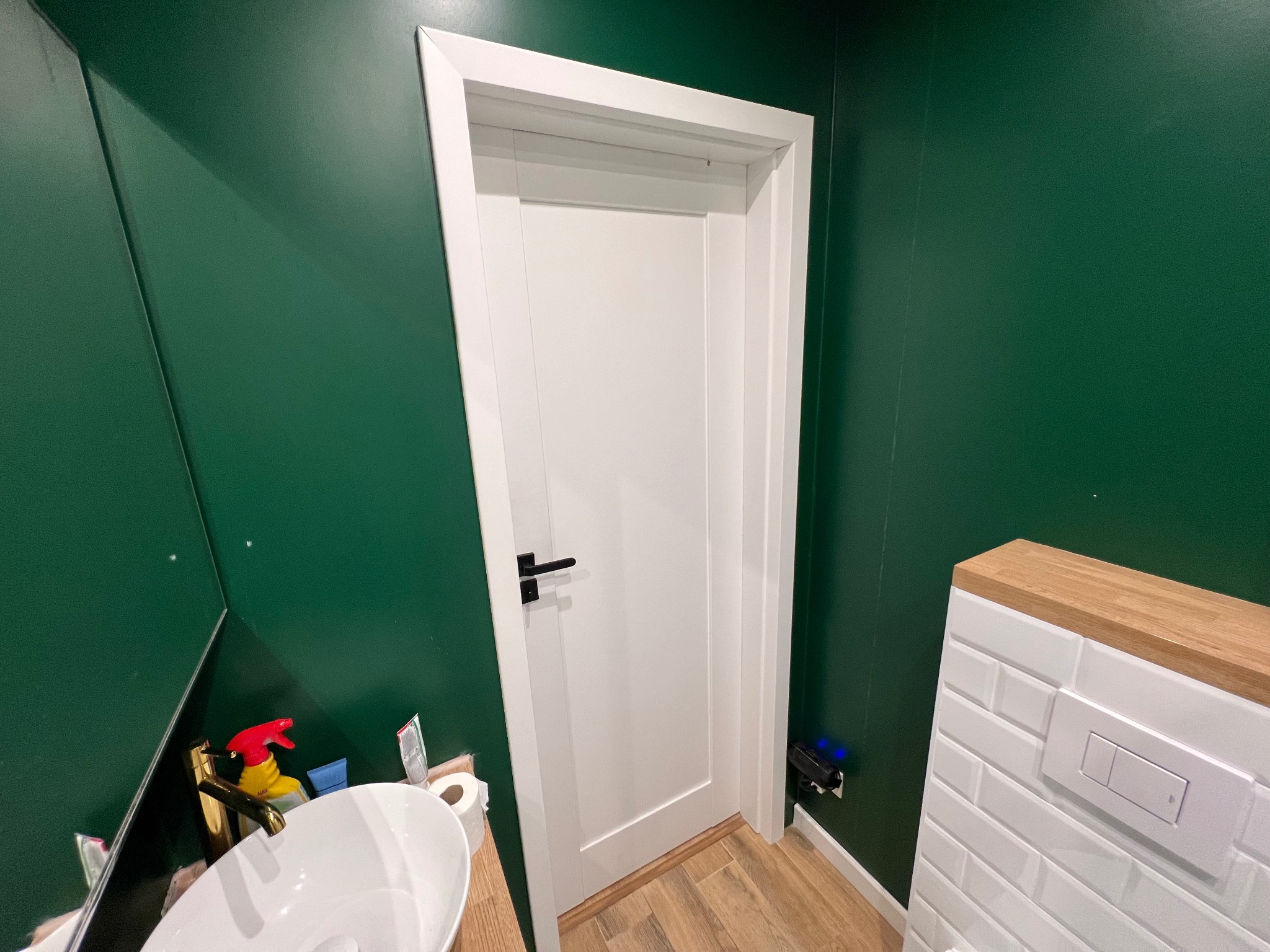 Wykończona łazienka z zielonymi ścianami, białą stolarką drzwiową i drewnopodobną podłogą. Widoczna umywalka, toaleta w zabudowie i czarne akcenty.