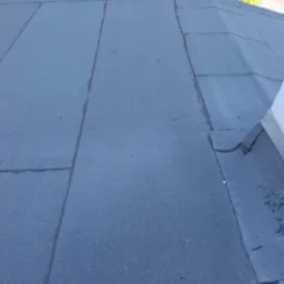 Płaski dach pokryty papą, widoczne łączenia i fragment rynny. Na górze kadru drzewa. Kąt ujęcia z góry, lekko z boku.