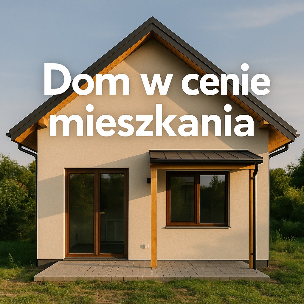 Niewielki dom z dwuspadowym dachem w Piotrków Trybunalski, z brązowymi ramami okien i drzwi. Na elewacji napis: Dom w cenie mieszkania.