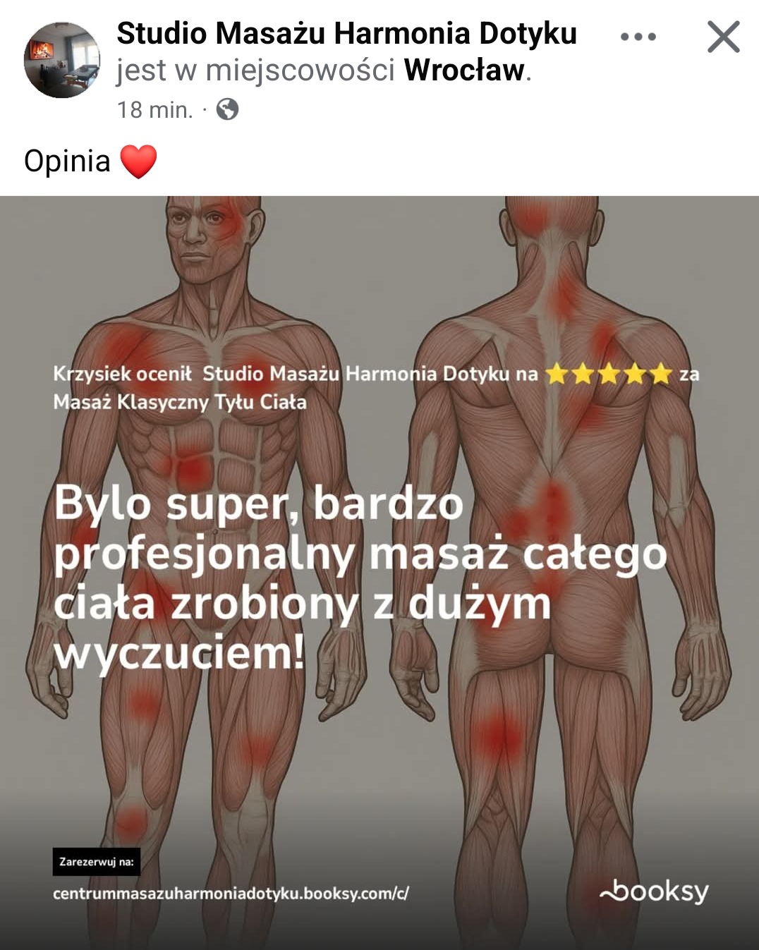 Anatomiczny schemat ciała z zaznaczonymi punktami bólowymi, opatrzony pozytywną opinią klienta studia masażu z Wrocławia i oceną 5 gwiazdek.