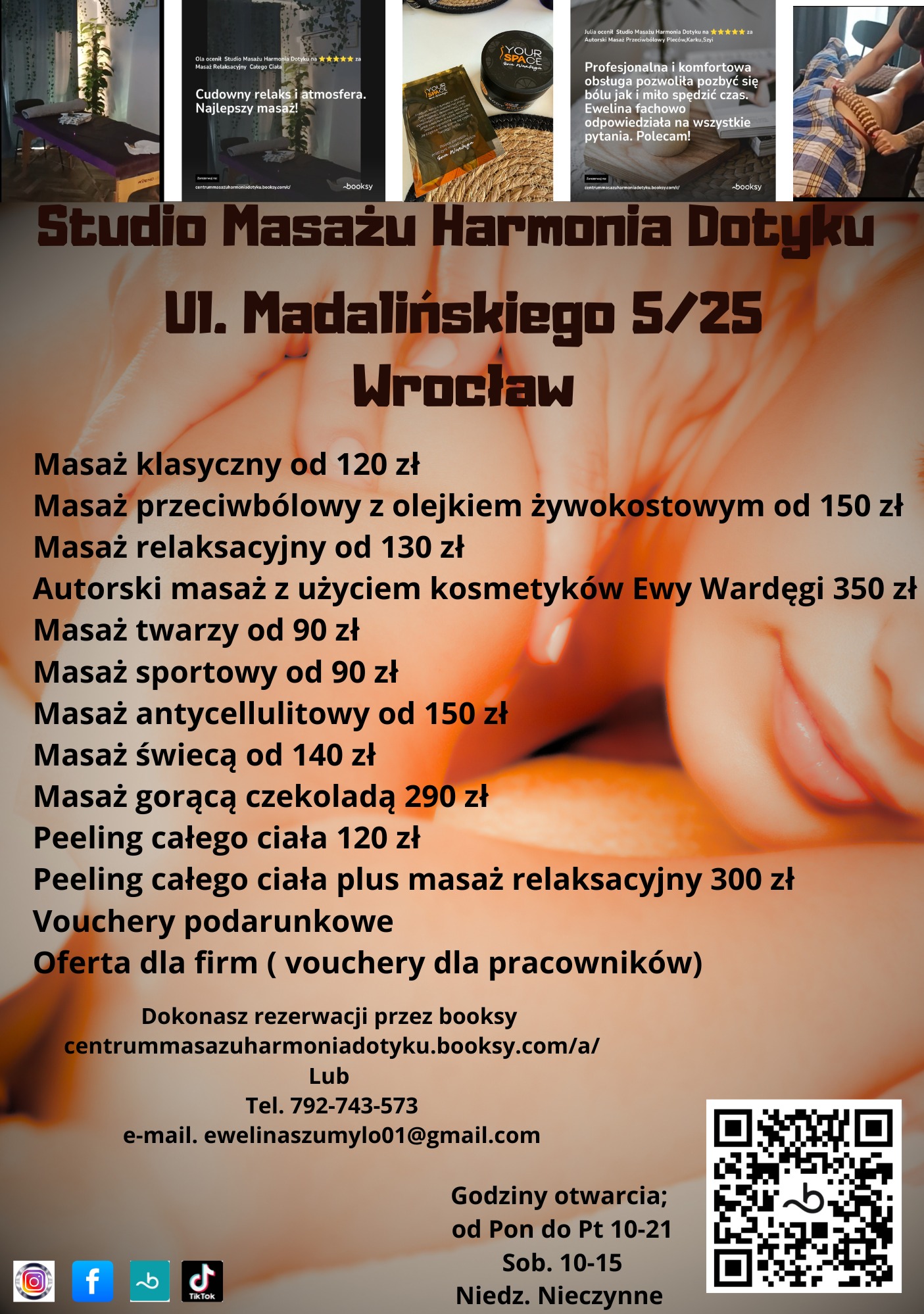 Plakat reklamowy studia masażu we Wrocławiu, z ofertą różnorodnych masaży, adresem, danymi kontaktowymi i godzinami otwarcia. Widoczne logotypy social mediów.