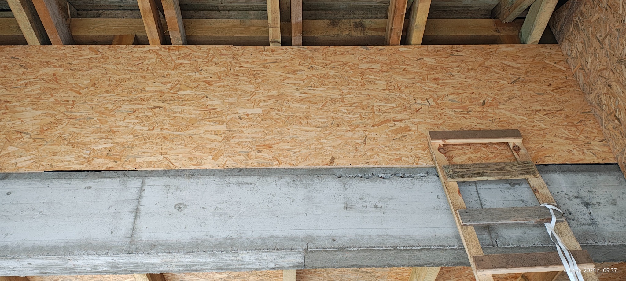 Wnętrze w trakcie budowy: betonowy strop, drewniane belki stropowe i płyta OSB na ścianie. Drewniana drabina oparta o ścianę. Widok z dołu, surowy stan.