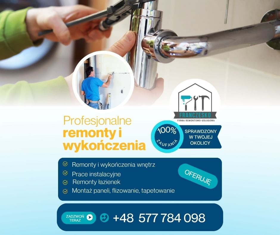 Kran zamontowany przez hydraulika, w tle okrągłe zdjęcie remontu ściany, logo firmy remontowej i hasła reklamowe w kolorystyce niebiesko-żółtej.