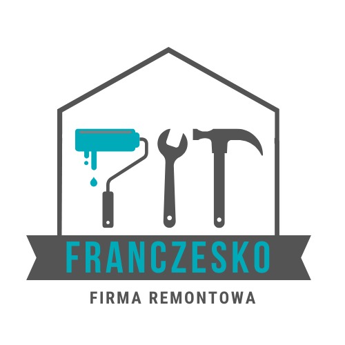 Logo firmy remontowej 'Franczesko' z ikonami wałka malarskiego, klucza i młotka w obrysie domu, nazwa firmy w kolorze turkusowym na szarym tle.