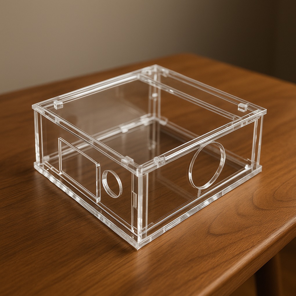 Przezroczyste pudełko z plexi, z wyciętymi otworami o różnych kształtach, leżące na drewnianym blacie. Detal precyzyjnego cięcia i łączenia elementów.