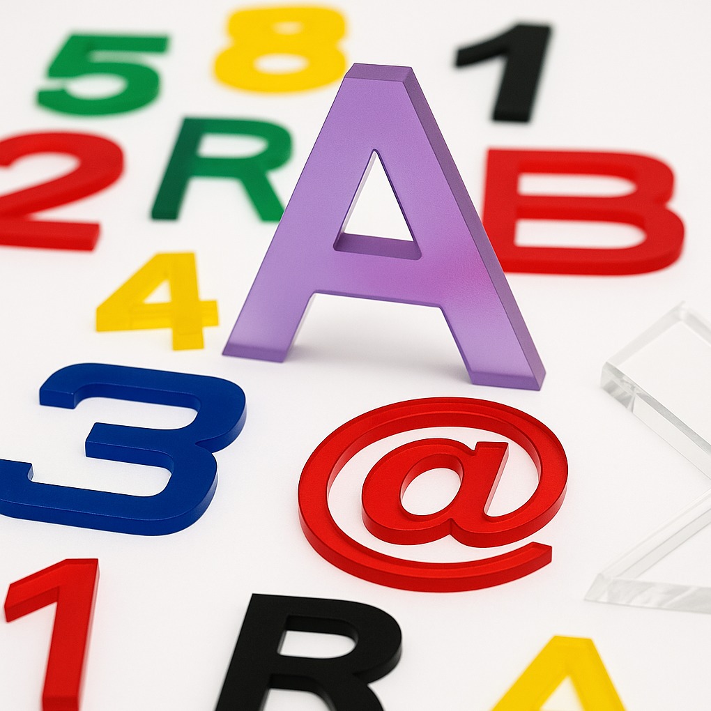 Kolorowe, akrylowe litery i symbole (@, A, B, cyfry) na białym tle. Elementy wycięte laserowo, z widocznymi krawędziami. Różne grubości i odcienie.