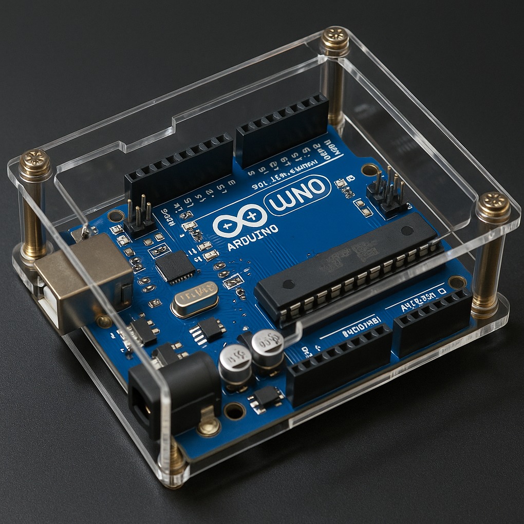 Plexi obudowa dla Arduino UNO, precyzyjnie wycięta i skręcona złotymi śrubkami. Widoczna płytka w środku, czarne tło.