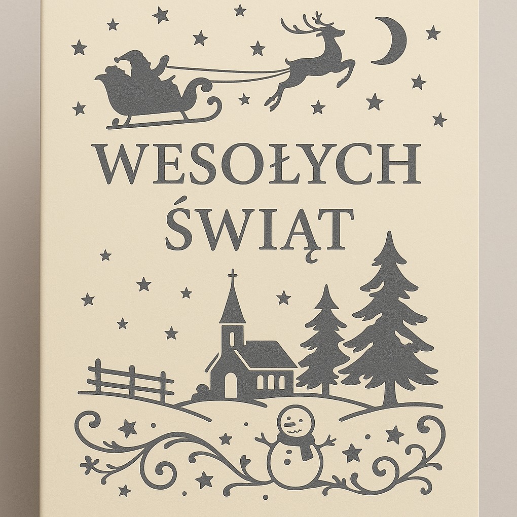 Wycinanka laserowa z motywem świątecznym: Mikołaj w saniach, renifer, kościół, choinki i napis 'Wesołych Świąt'.